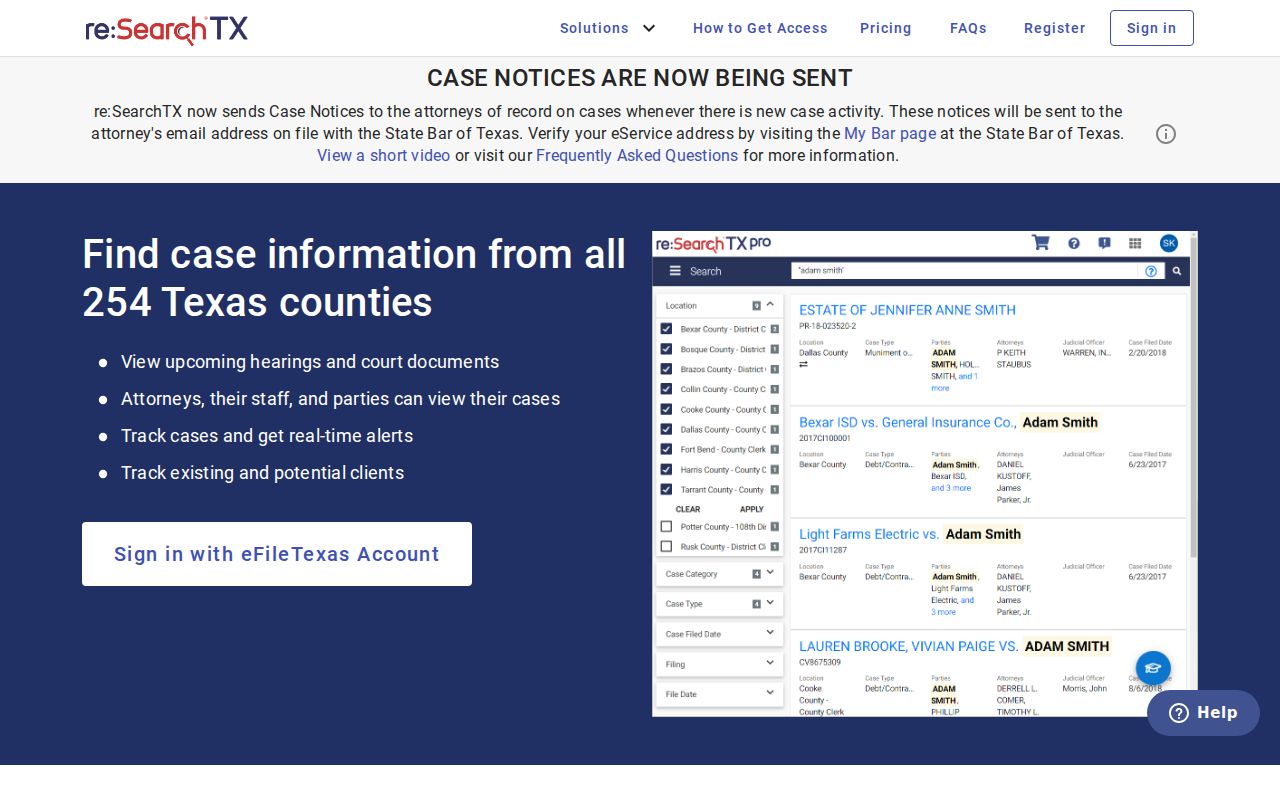 Official re:SearchTX statewide court record search landing page